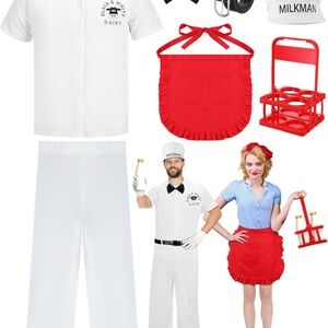 7 Pcs Halloween 50's Milkman Costume Set Include Milkman Hat Shirt Pants Bow Tie